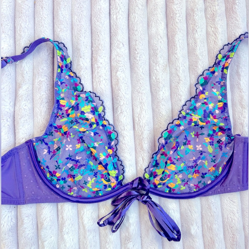 🦋 Savage X Fenty Butterfly Mesh Bra Purple Embroidered Tie Front Lingerie